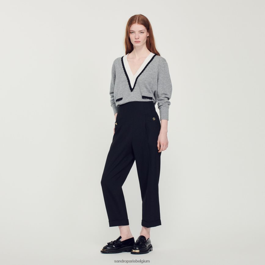 Sandro Paris trui met contrasterende diepe v hals grijs bespot